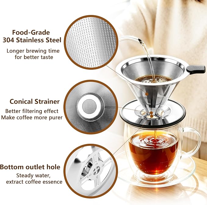 Stainless Steel Pour Over Coffee Dripper, Reusable Coffee Filter with 800 Mesh Double Micro-Mesh Strainer, Paperless Coffee Maker with Heat-Resistant Silicone Handle & Base for 1-2 Cup, Home Camping