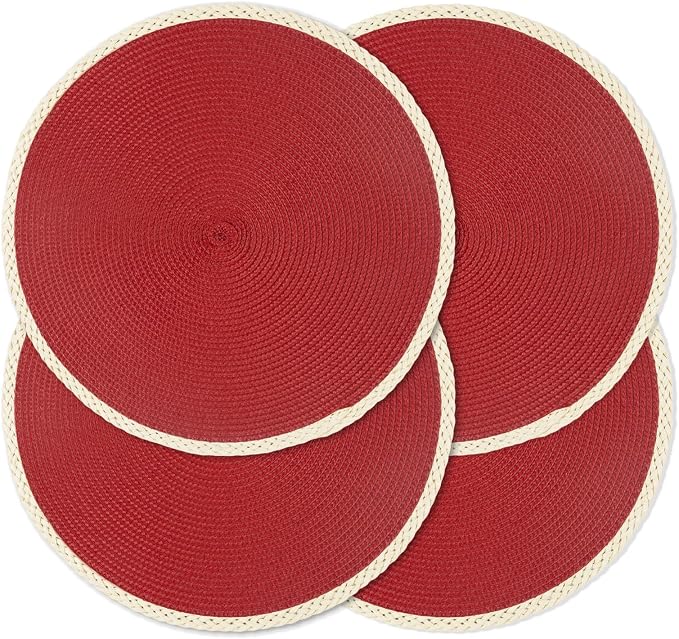 Noctiflorous Braided Round Placemats Set of 4, 15 Inch Woven Table Mats, Non Slip Washable Thin Edge Place Mats for Kitchen Dining Table Decor (Red, 4)