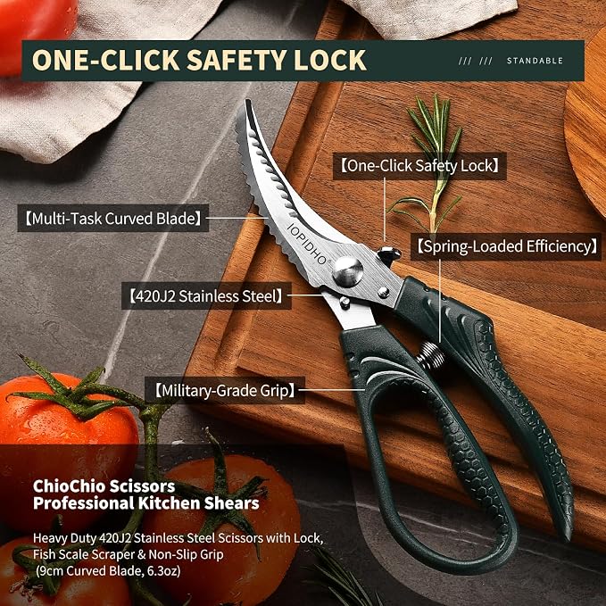 Poultry Shears, Heavy Duty Kitchen Shears | Non-Slip Handle & Safety Lock, All Purpose for Chicken, Meat, Turkey, Fish, Vegetables, Spring Loaded, Dishwasher Safe