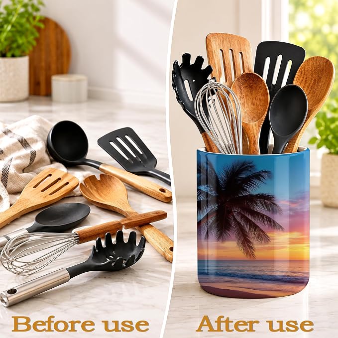 Tropical Palm Kitchen Utensil Holder,Sunset Trees Sea Beach Large Ceramic Utensil Crock for Countertop,Cooking Utensil Organizer for Spatulas,Spoons