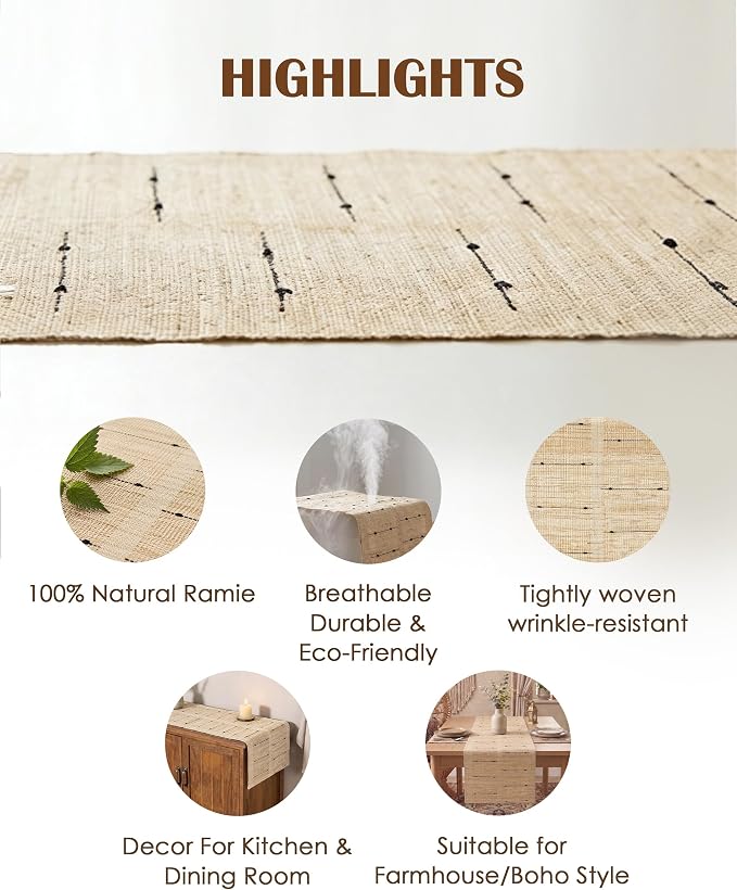 Ramie Table Runner 13.8 x 72 Inch, Natural Woven Table Runner for Dining Table, Boho Farmhouse Rustic Table Decor for Kitchen, Coffee Table, Entryway Console