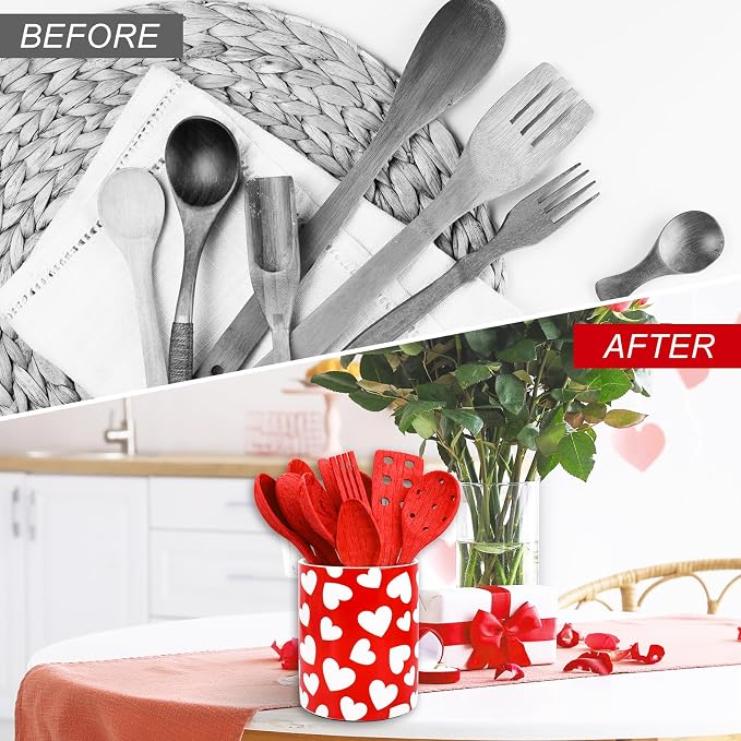 JarThenaAMCS Valentine's Day Ceramic Utensil Holder Red White Heart Utensil Crock for Wedding Home Kitchen Countertop Storage Organizer Container