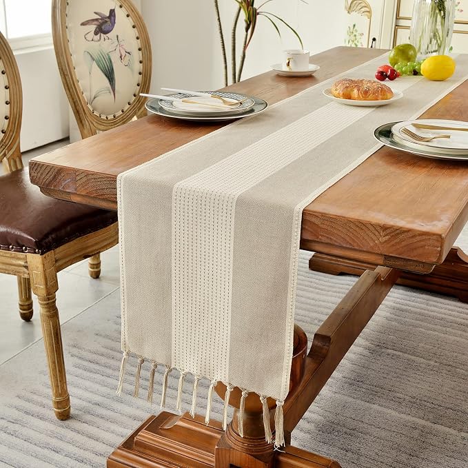 Wracra Linen Table Runner, Farmhouse Macrame Table Runners 108 Inches Long for Dining Table Decor, Wedding, Party and Dresser Decor (Light Coffee,108")