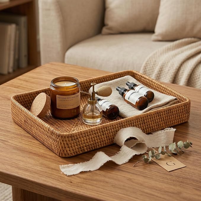 14.6" x 9.1" Large Wicker Storage Tray, Natural Rattan Basket Decorative Handwoven Rectangular Basket for Bread, Fruit, Toiletries,Towels & Home Organization (Natural M)
