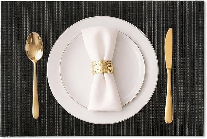 AHHFSMEI Placemats Set of 6 Woven Vinyl Non-Slip Heat Resistant Stain Resistant Easy Clean Place mats for Dining Table(Black)