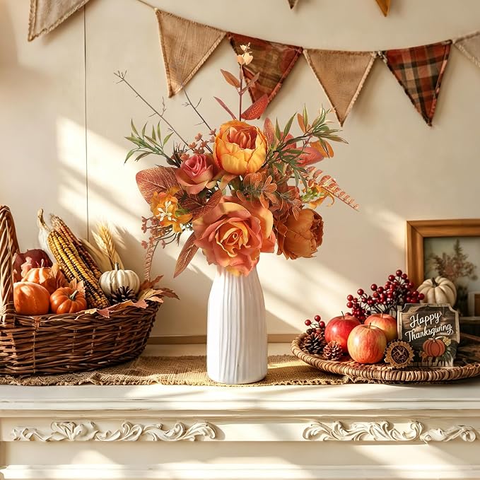 Small 11.8" Artificial Flowers in Ceramic Vase - Orange Silk Flower Centerpiece for Dining Table, Office, Wedding & Farmhouse, Home Decor