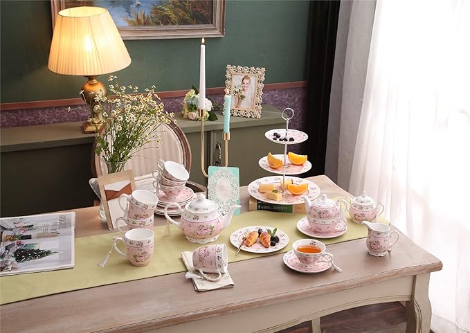 London Boutique Coffee Tea Cups and Saucers Set of 2 Vintage Flora Rose Lavender Porcelain Gift Box (Rose Pink 2pc Set)