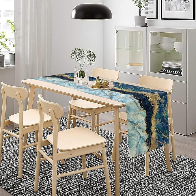 Marble Table Runner, Abstract Blue and Gold Foil Modern Luxury Texture Printed Linen Table Runners for Living Room Kitchen Dining Room Party Holiday Home Decor 13" W x 108" L