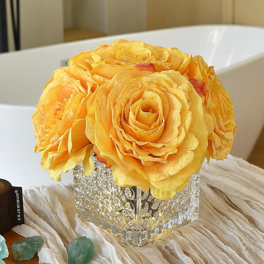 Artificial Rose in Glass Vase Vintage Silk Flower Arrangement with LED Light for Table Centerpiece Home Wedding Decoration (Golden Yellow)