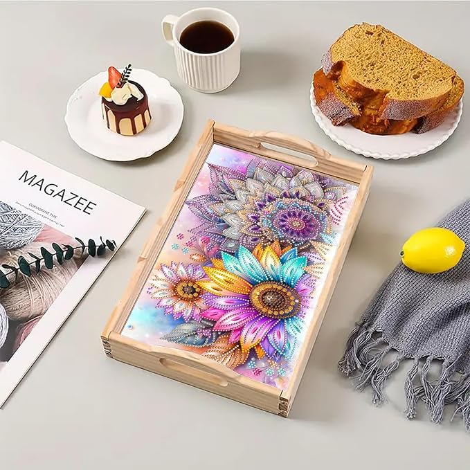 BAYUNOE DIY Diamond Serving Tray Christmas Rectangular Breakfast Tray with Handle Handmade Diamond Art Painting Wooden Tray for Dinner Plate Coffee Room Living Home Organizer-Mandala
