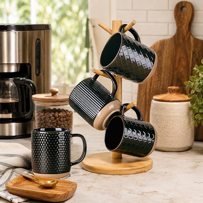 GBhome Large Coffee Mugs Set of 4, 16oz Handmade Stoneware Coffee Mugs Set with Large Handle for Cappuccino/Latte/Tea/Hot Cocoa, Dishwasher & Microwave Safe, Black