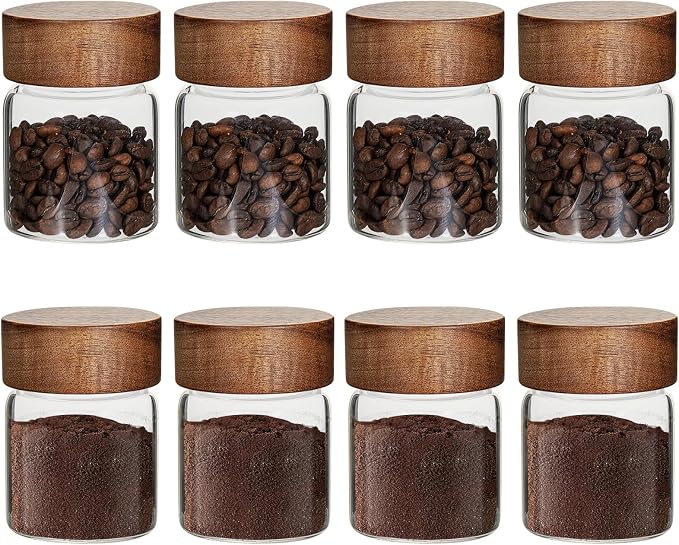 4 oz Glass Spice Mason Jars with Screw Wood Lid 8 pcs Airtight Small Glass Jars Seasoning Herb Containers Food Storage Canister for Sugar Coffee Bean Ground Pantry Cookies Salt (4oz(118ml)*8 pack)