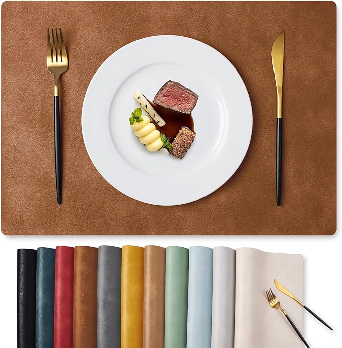 MOSAYT Vinyl Placemats Set of 6-12 X 17 Inch - Faux Leather 100% Waterproof Oil-Proof Wipeable PU Place Mats, Heat Resistant Reversible Table Mats for Kitchen, Dining, Outdoor, Reddish Brown