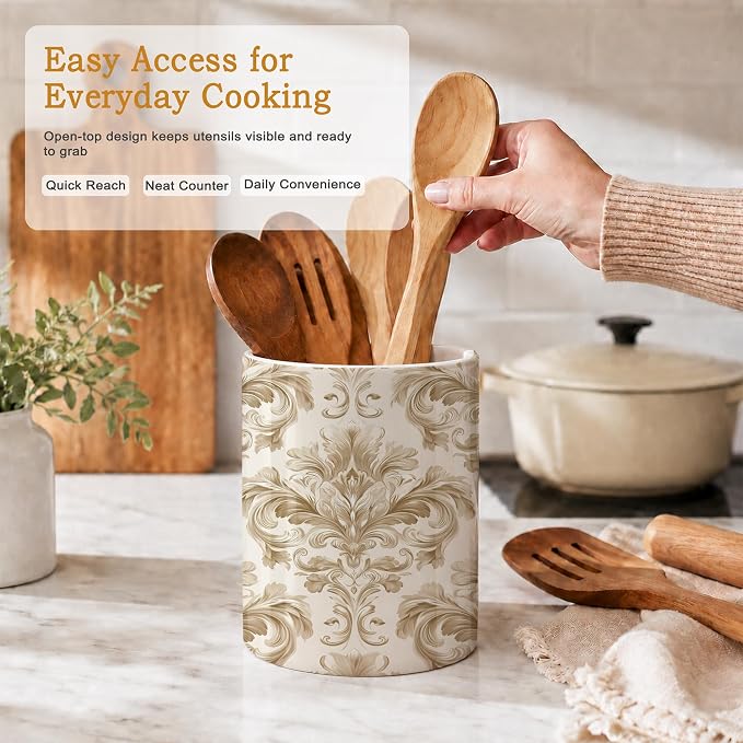 Ceramic Kitchen Utensil Holder for Countertop,Gold Damask Flower Vintage Large Utensil Crock for Kitchen Counter,Cooking Utensil Organizer for Spatulas,Spoons