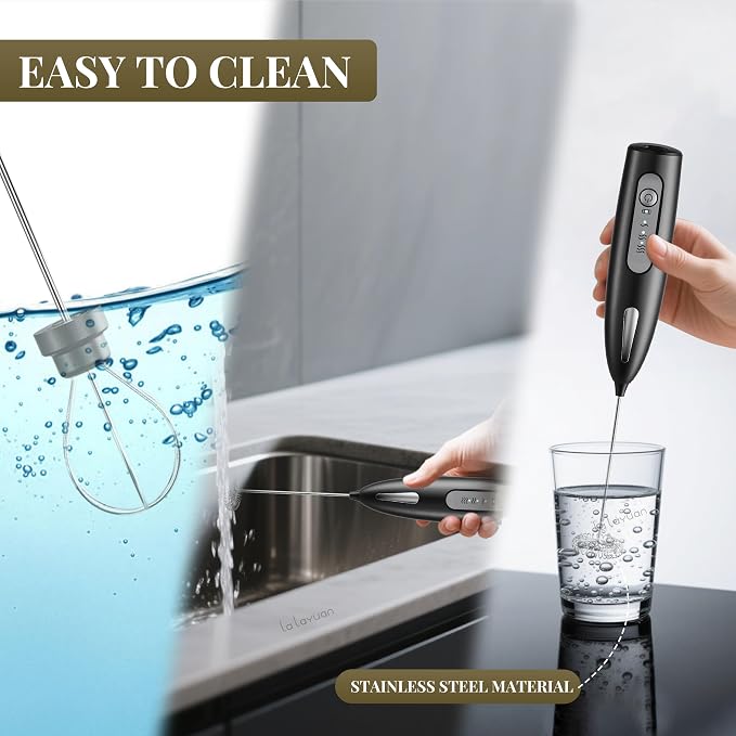 Electric Milk Frother, Three speed adjustment, USB Rechargeable Cordless Hand Blender with Sticky Stand Included, Portable Kitchen Stainless Steel Egg Beater, Mixed Drinks, Coffee Stirrers (Beige set)