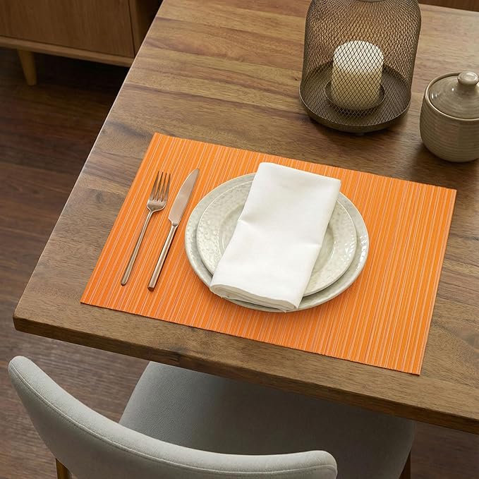 AHHFSMEI Placemats Set of 6 Woven Vinyl Non-Slip Heat Resistant Stain Resistant Easy Clean Place mats for Dining Table(Orange)