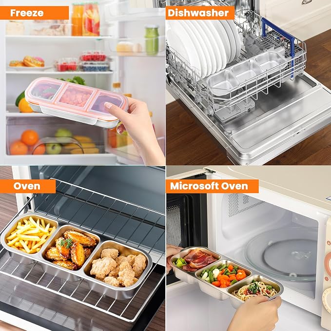 4 Pack Stainless Steel Snack Containers with Leak-Proof Lids, 3 Compartments Reusable Stainless Steel Lunch Box for Balanced Meals, Snackle Box Container,Meal Prep,Work,Camping