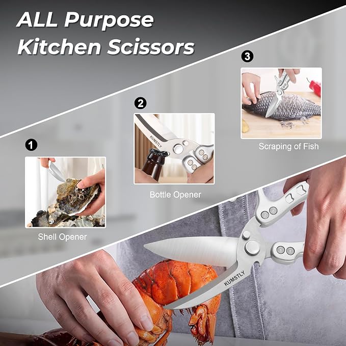 Kitchen Scissors All Purpose Kitchen Shears Heavy Duty for Cutting Chicken, Turkey, Meat, Bones, Vegetables Stainless Steel Spatchcock Shears Multipurpose Food Scissors (Grey)