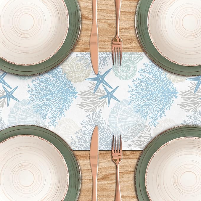 Coastal Table Runner 13x36 Inch Blue Summer Beach Nautical Table Runners Modern Kitchen Dining Table Decor Rustic Coffee Table Dresser for Home Holiday Party Decor (13"x36", Coastal)