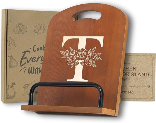 INNObeta Cookbook Stand for Kitchen Counter, Adjustable Tablet Recipe Book Holder, Perfect Gifts for Women, Mom, Grandma on Birthday, Unique Kitchen Decor, Initial T