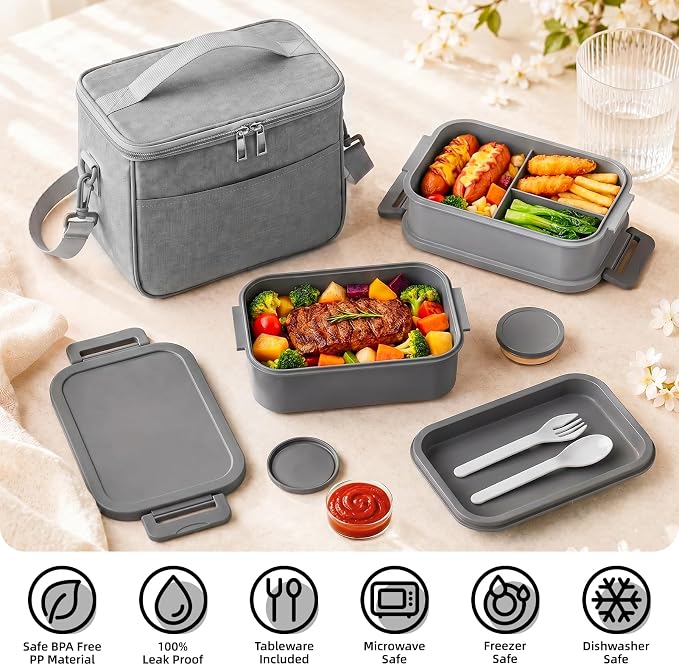 Bento Box adults Lunch Box - 2130ml Lunch Box Containers with Insulated Lunch Bag, Utensils & Sauce Container, Leak Proof Bento Box for Men Women, Reusable Plastic Lunchbox for Work, Meal Prep, Grey