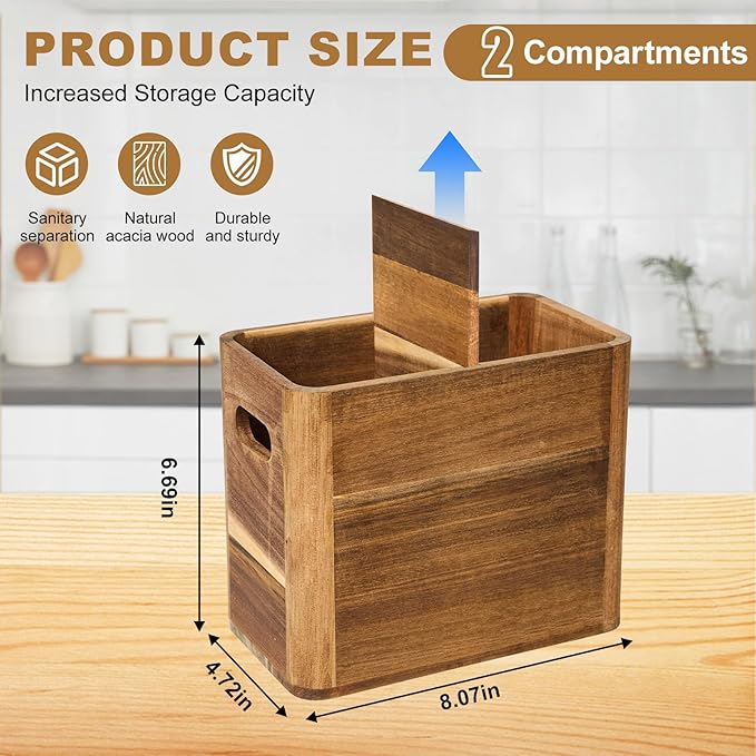 Utensil Holder, Kitchen Utensil Holder, Acacia Wooden Utensil Holder, Kitchen Utensil Holder for Countertop, Medium Utensil Holder for Storage Cooking Tools and Silverware with 2 Compartments
