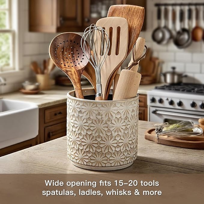 Ceramic Utensil Holder for Kitchen Counter,5.3" Farmhouse Kitchen Utensils Holder for Countertop， Handcrafted Cooking Utensil Holder with Elegant Design for Utensil Storage, Flower Vase