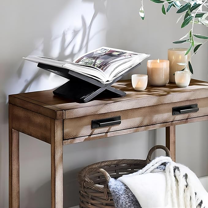 Honygebia Solid Wood Book Stands - Cross Frame Black Oak Wooden Book Holder, Open Bookstand for Display and Reading, Suitable for Art, Bible, Cookbook, Easel, Magazine, Textbooks