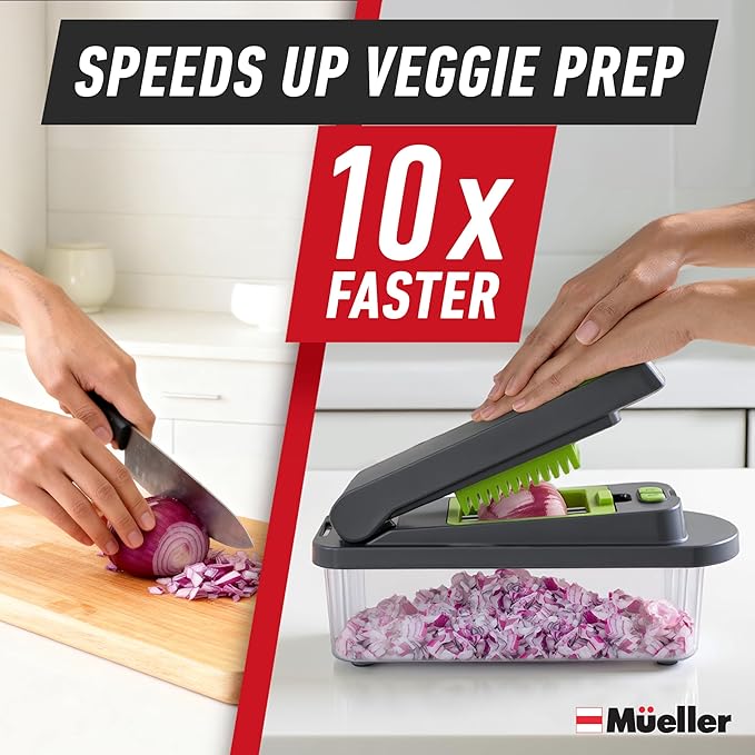 Mueller Pro-Series 10-in-1, 8 Blade Vegetable Chopper, Onion Mincer, Cutter, Dicer, Egg Slicer with Container, French Fry Cutter Potato Slicer, Home Essentials, Salad Chopper,Gray/Green