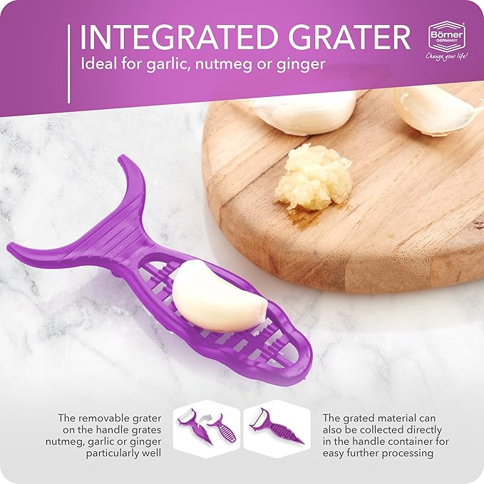 Borner 6-in-1 Fruit and Vegetable Peeler with Stainless Steel Double-Edged Blade, Multi function with Corer, Potato Eye Remover and Mini Grater, Made in Germany, Purple