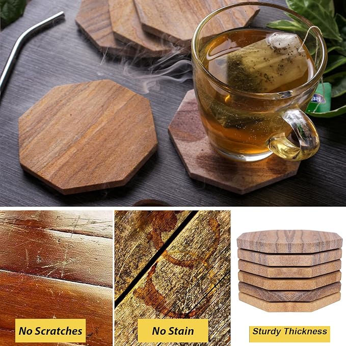 Sandstone Water Absorbent Hand Crafted Octagon Coasters for Drinks- Set of 6-4 inches Wide Thirsty Stone bar/Drink Coasters Made from Real Solid Stone (Without Holder, Set of 6)