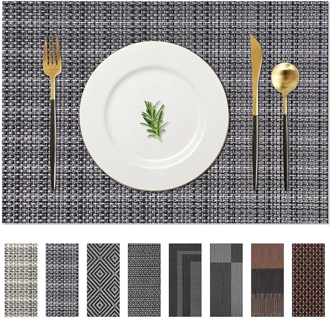 AHHFSMEI Placemats Set of 6 Washable Woven Vinyl Placemats for Dining Table Heat Resistant Non-Slip Stain Resistant Table Mats for Kitchen & Home Decor(Linen Black,6)