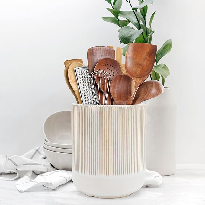 RedCall Kitchen Utensils Holder Large,Ceramic Utensil Organizer for Countertop,Morden Utensil Crock for Spoon Spatula,Home Kitchen Decor (Light Coffee)