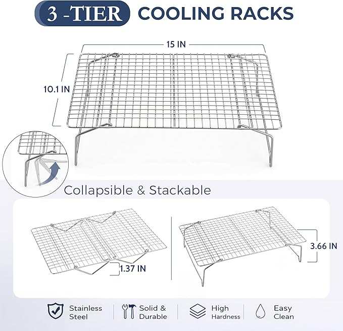 E-far 3-Tier Collapsible Cooling Rack for Cooking and Baking - 15”x10” Stackable Tight-Wire Stainless Steel Cookie Rack for Baking Sheet, Oven, Roasting, Dishwasher Safe & Space Saving