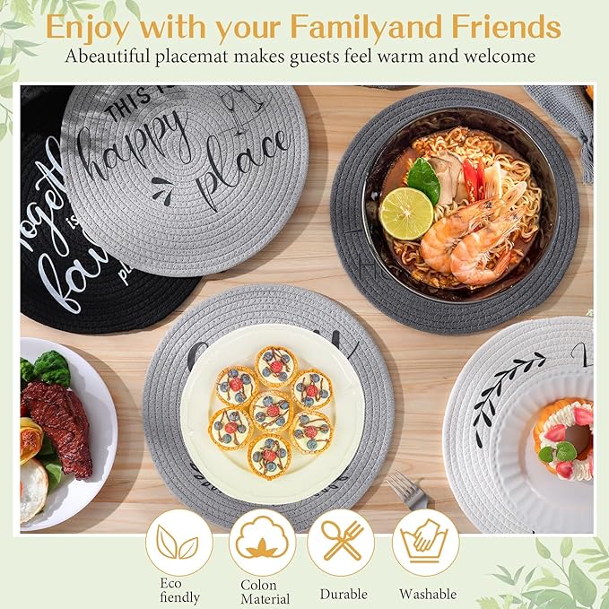 13 Inch Round Cotton Placemat Set of 6 Woven Boho Coasters Table Mats Dining Table Setting Decor Washable Heat Resistant Farmhouse Circle Place Mats for Home Accessories(Grey, Black)