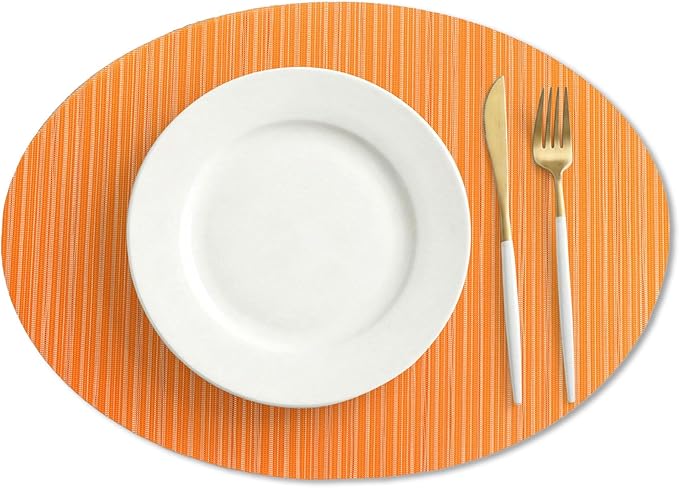 AHHFSMEI Oval Placemats Set of 6 Woven Vinyl Non-Slip Heat Resistant Stain Resistant Easy Clean Place mats for Dining Table(Orange)