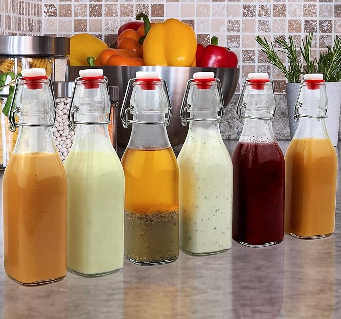 Estilo Swing Top Easy Cap Clear Glass Bottles with Caps, Round, 8.5 oz, Set of 6 - Standard Size, Flip Top Glass Bottles to Store Home Brews, Oils, Vinaigrettes, Wines, Beer, Teas - Syrup Bottles