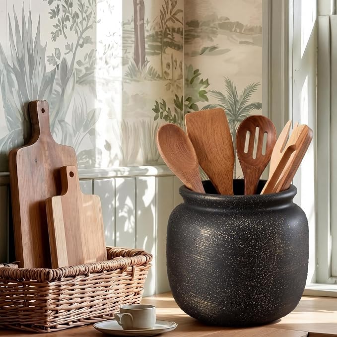 Qinyoung Rustic Kitchen Utensil Holder 6 Inch Small Ceramic Utensil Holder with Handle Vintage Crock Decoration Spatula Organizer for Kitchen Countertop Farmhouse Party Supplies(Black, Textured)