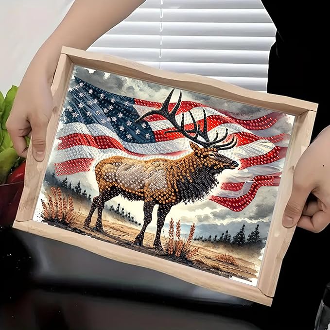 ARTopet DIY Diamond Serving Tray Diamond Art Painting Independence Day Creative Design Handmade Wooden Tray Dinner Plate for Coffee Breakfast Home Organizer-USA Moose