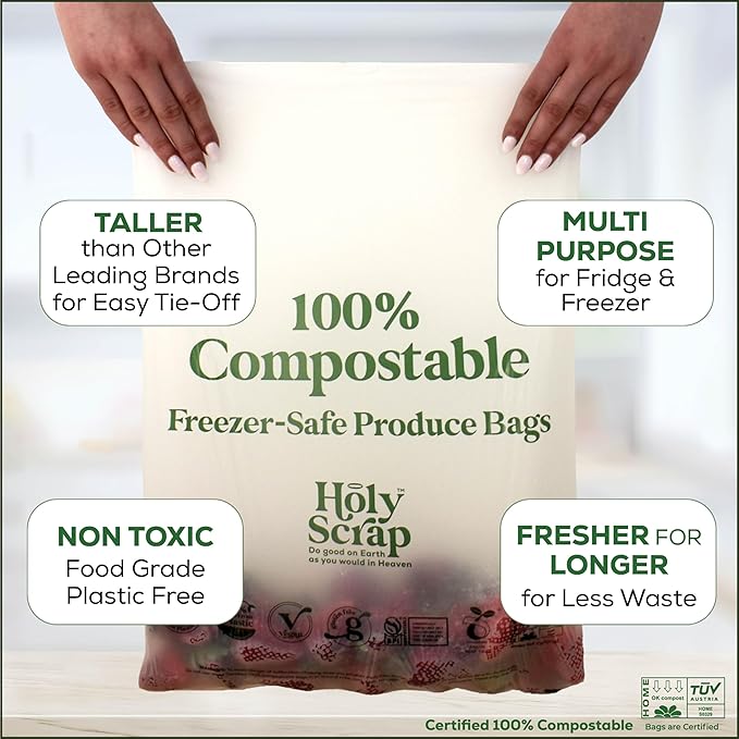100% Compostable Produce Freezer Bags 3 Gallon Size - 100 Pack - Freezer Safe Bag for Food Storage, Eco Friendly, Plant Based Recyling Kitchen Storage Bags - BPI Certified, OK Compost Home