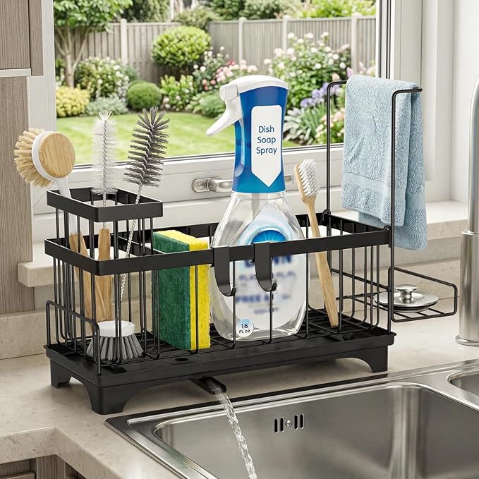 VOOWO Sponge Holder for Kitchen Sink, Compact Sink Caddy with Detachable Brush Holder and Towel Rack, Stainless Steel Kitchen Sink Organizer for Dish Sponge, Soap Dispenser Storage Accessories (Black)