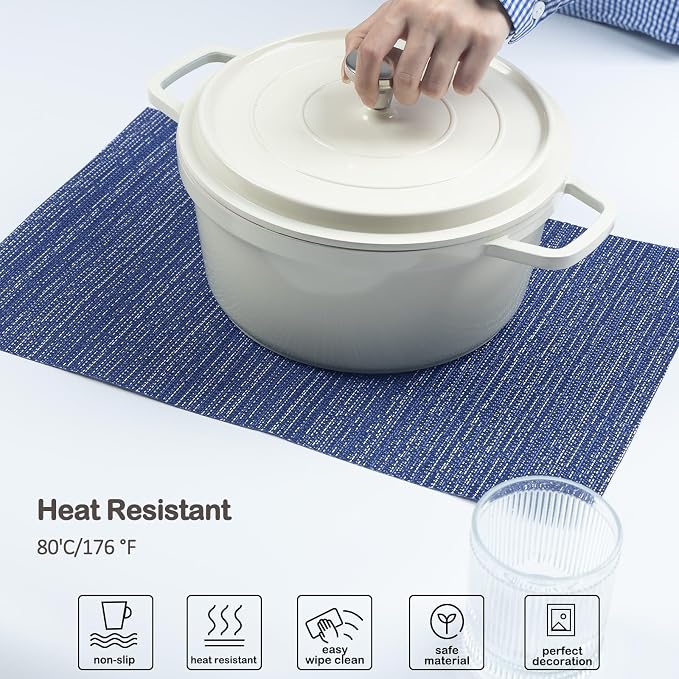 AHHFSMEI Placemats Set of 8 Washable Woven Vinyl Placemats for Dining Table Heat Resistant Non-Slip Stain Resistant Table Mats for Kitchen & Home Decor(Multi Blue,8)