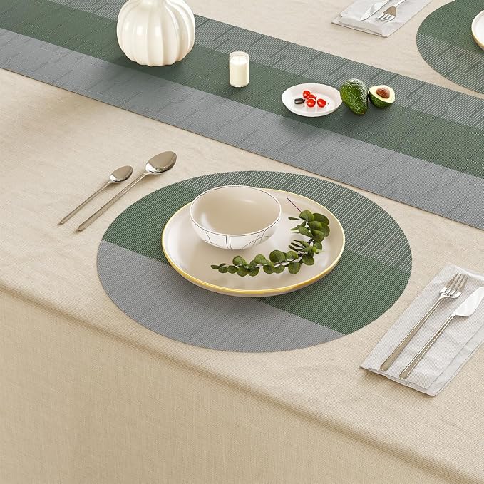 Round Placemats Set of 6, 15 Inch Woven Vinyl Heat Resistant Place Mats, Washable Non Slip PVC Table Mats for Kitchen Dining Party Outdoor Table Decor (Gray Sage Green, 6)