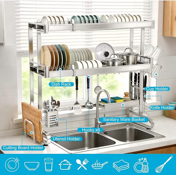 Over The Sink Dish Drying Rack,Large Capacity 23.8"-39.3",Over The Sink Dish Srying Rack Expandable Drainer & Storage Organizer for Kitchen Counter Full Stainless Steel