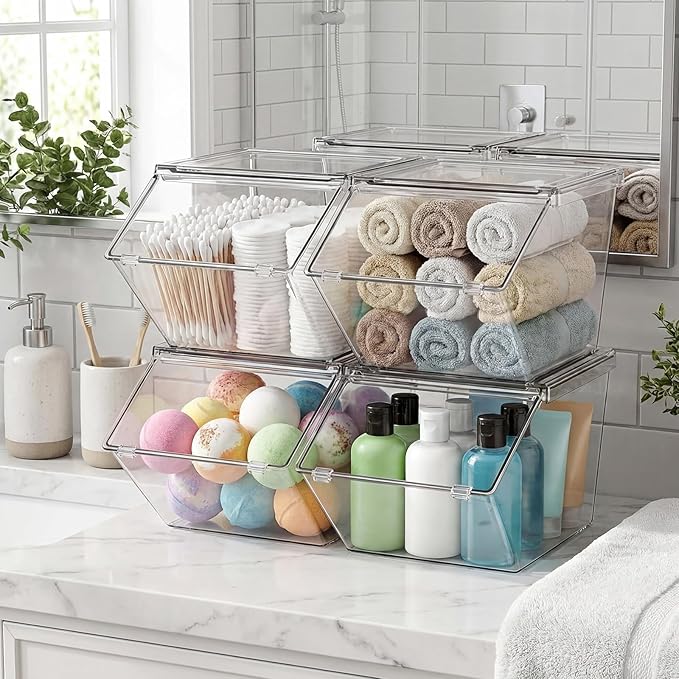 Yerliker 8 Pcs Clear Plastic Storage Bins with Lids Stackable Pantry Storage Organizer Kitchen Cabinet Organizers Ideal Containers for Coffee Pod Tea Sugar Bag Cabinet Home (Extra Large)