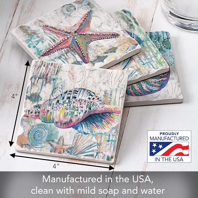 Thirstystone Jewels of The Sea 4 Pack Assorted Tumbled Tile Stone Coasters with Protective Cork Backing Manufactured in The USA Absorbent Easily Wipes Clean
