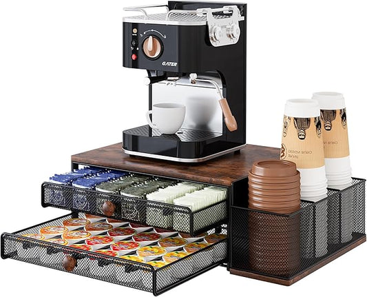Coffee Bar Organizer, 60 Capacity K Cup Organizer for Countertop, 2 Tier Sliding Coffee Pod Storage Drawer with Disposable Cup & Lid Holder, Black