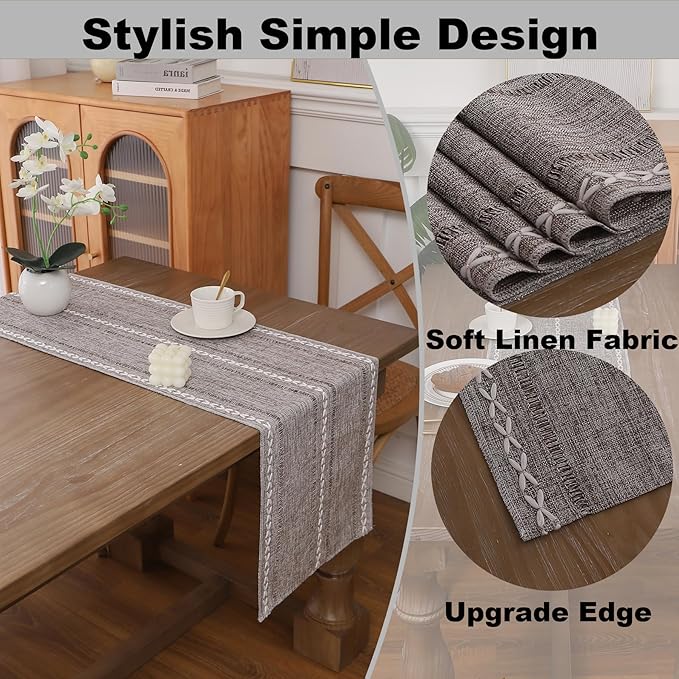Gernaice Boho Table Runner, Rustic Embroidered Cotton Linen Farmhouse Table Runners for Dresser End Coffee Table Home Decor, 24" L X 13" W Dark Brown