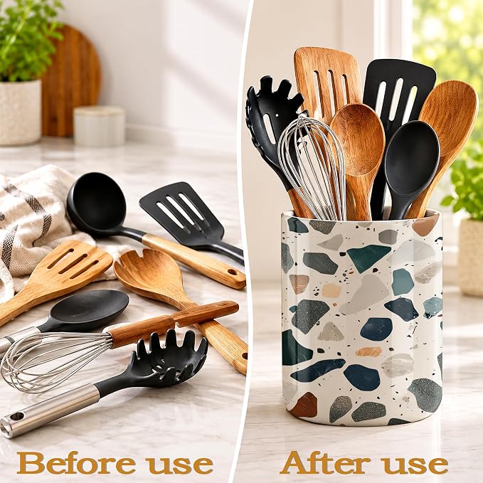 Kitchen Utensil Holder,Terrazzo Colorful Stone Ceramic Utensil Crock for Countertop,Cooking Tools Storage jar for Spatulas and Spoons,Housewarming Gifts 6.3"