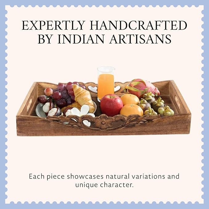 Mela Artisans 16” x 12” x 2.5” Mango Wood Serving Tray with Handles – Orchid Medium Burnt – Handcrafted Wooden Serving Board for Breakfast, Coffee & Home Décor